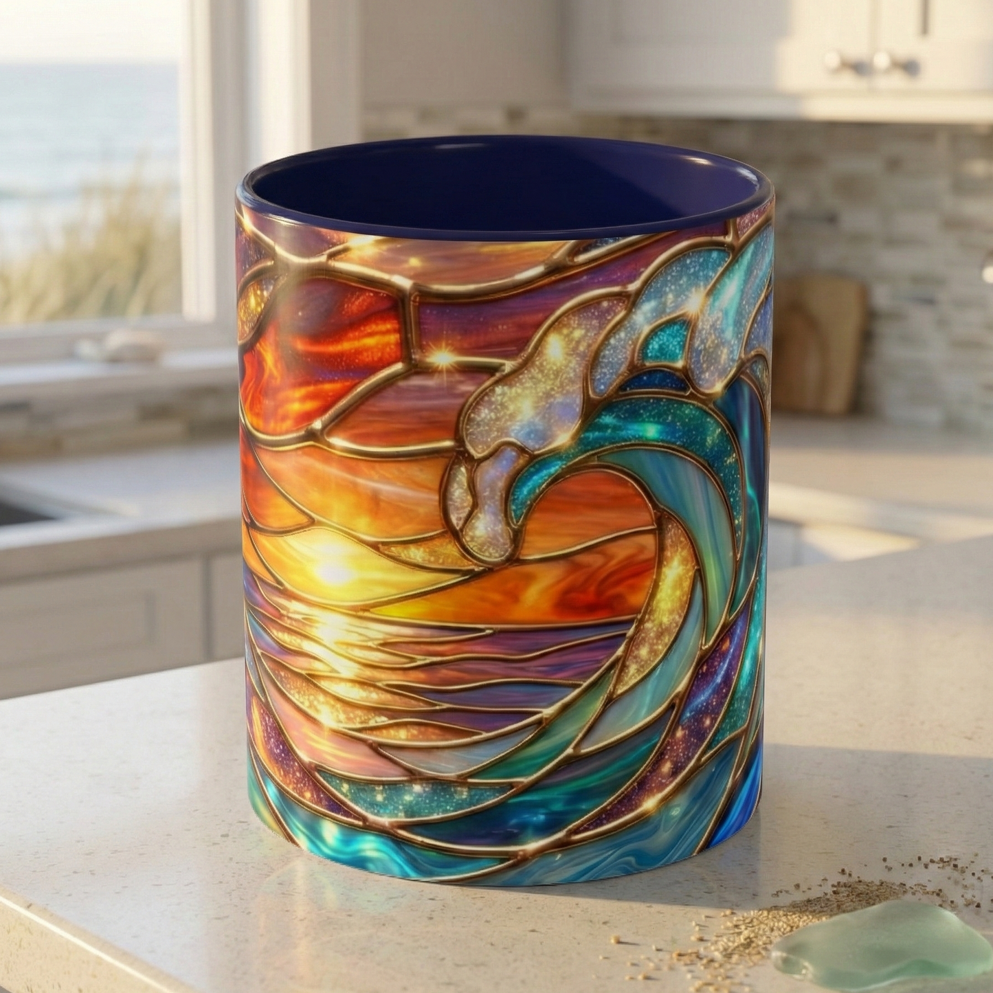 Stained Glass Wave Mug, Cosmic Ocean Coffee Cup, Celestial Sunrise Tea Mug, Surfer Beach Decor Gift, Starry Sea Art, Ocean Lover Cup