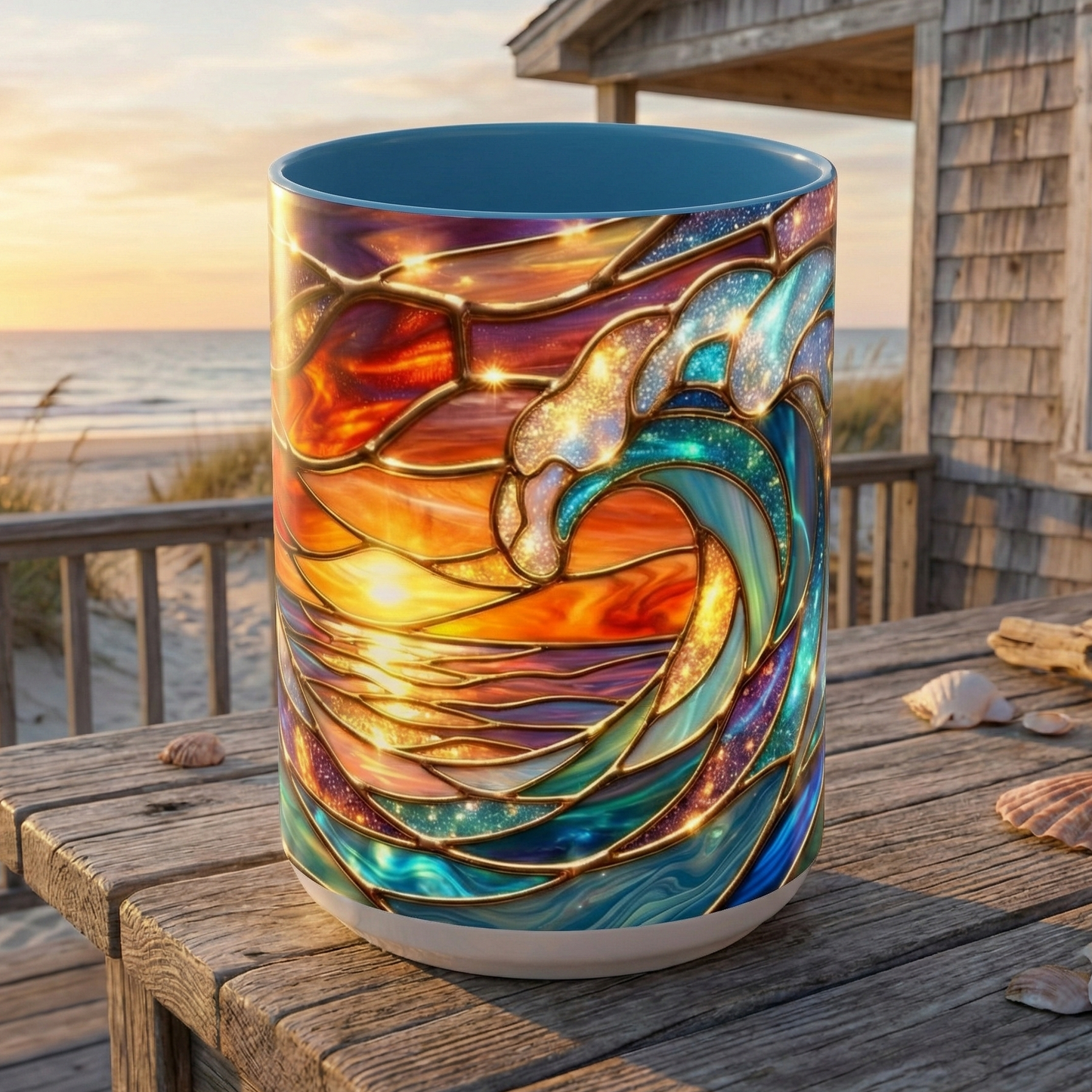 Stained Glass Wave Mug, Cosmic Ocean Coffee Cup, Celestial Sunrise Tea Mug, Surfer Beach Decor Gift, Starry Sea Art, Ocean Lover Cup