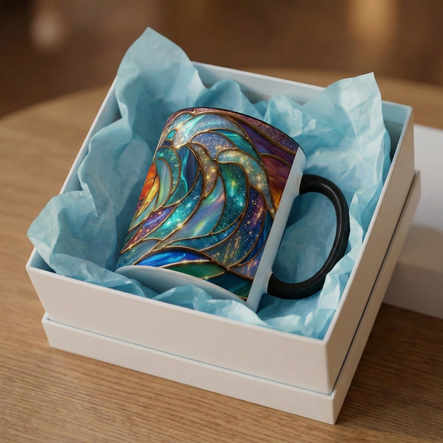 Stained Glass Wave Mug, Cosmic Ocean Coffee Cup, Celestial Sunrise Tea Mug, Surfer Beach Decor Gift, Starry Sea Art, Ocean Lover Cup
