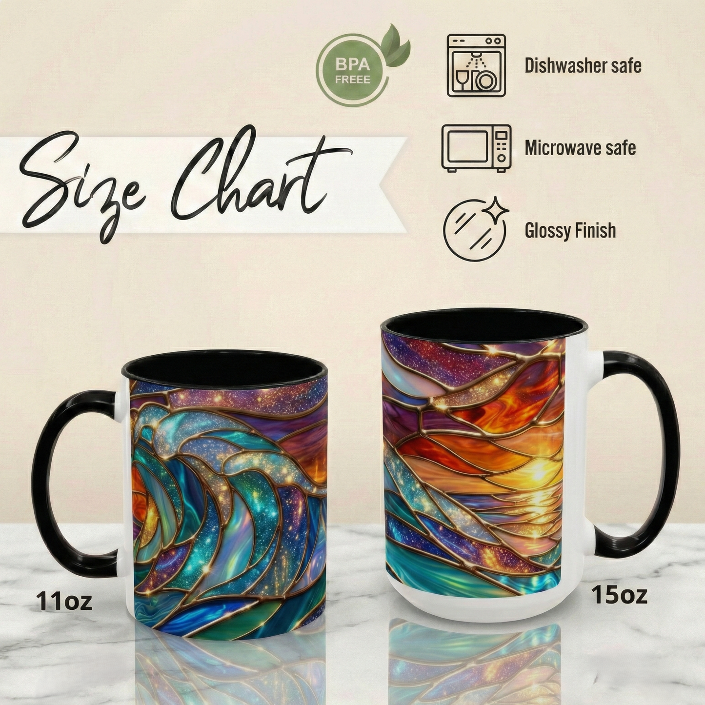 Stained Glass Wave Mug, Cosmic Ocean Coffee Cup, Celestial Sunrise Tea Mug, Surfer Beach Decor Gift, Starry Sea Art, Ocean Lover Cup