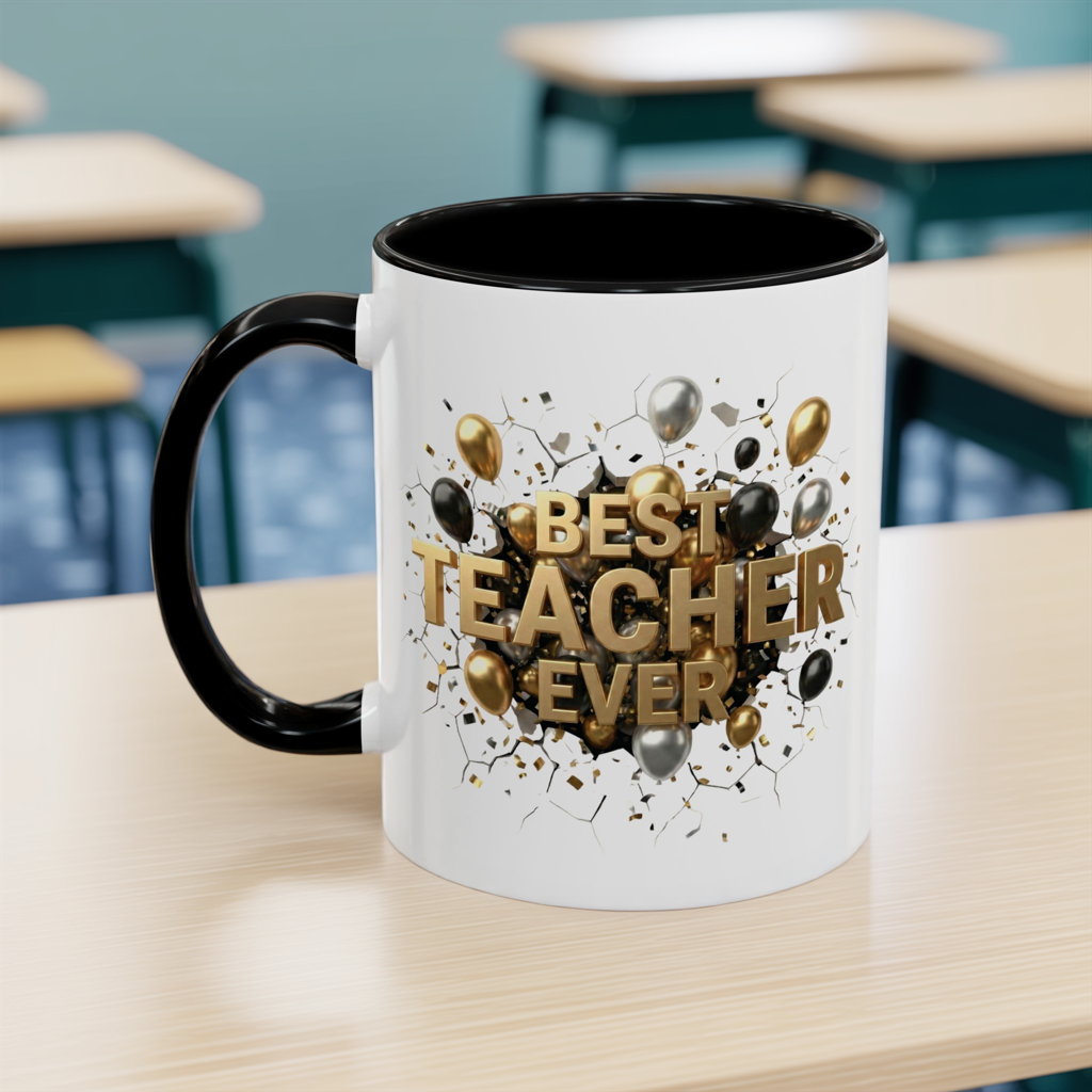 Personalized Teacher Mug, Best Teacher Ever Gift, Custom Educator Coffee Cup, 3D Gold Balloon Design, Teacher Appreciation Present