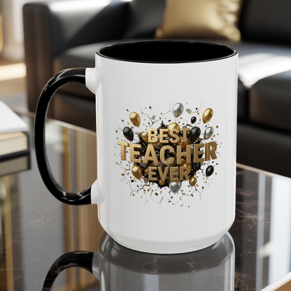 Personalized Teacher Mug, Best Teacher Ever Gift, Custom Educator Coffee Cup, 3D Gold Balloon Design, Teacher Appreciation Present
