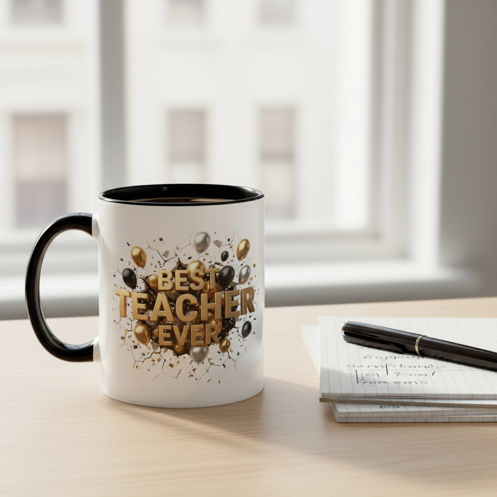 Personalized Teacher Mug, Best Teacher Ever Gift, Custom Educator Coffee Cup, 3D Gold Balloon Design, Teacher Appreciation Present