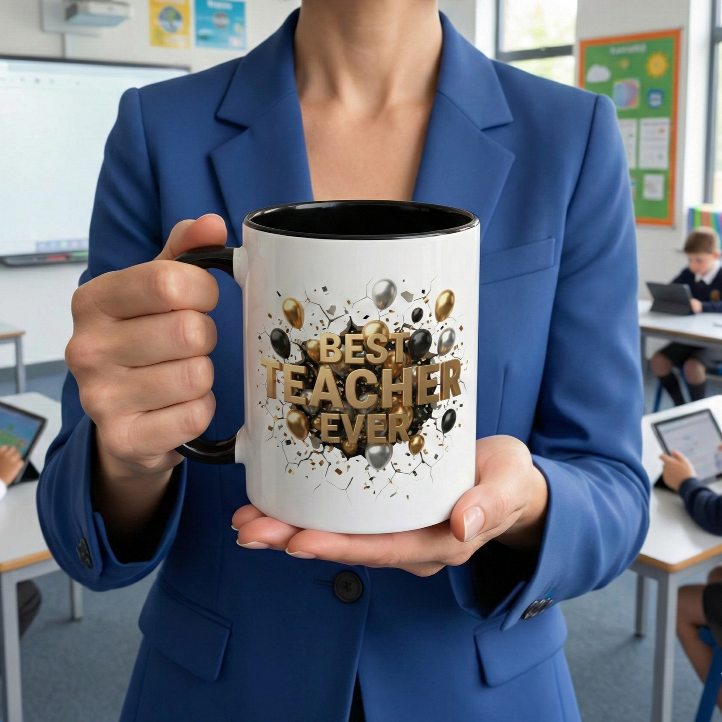 Personalized Teacher Mug, Best Teacher Ever Gift, Custom Educator Coffee Cup, 3D Gold Balloon Design, Teacher Appreciation Present