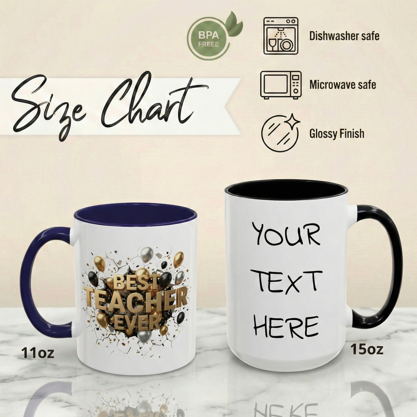 Personalized Teacher Mug, Best Teacher Ever Gift, Custom Educator Coffee Cup, 3D Gold Balloon Design, Teacher Appreciation Present