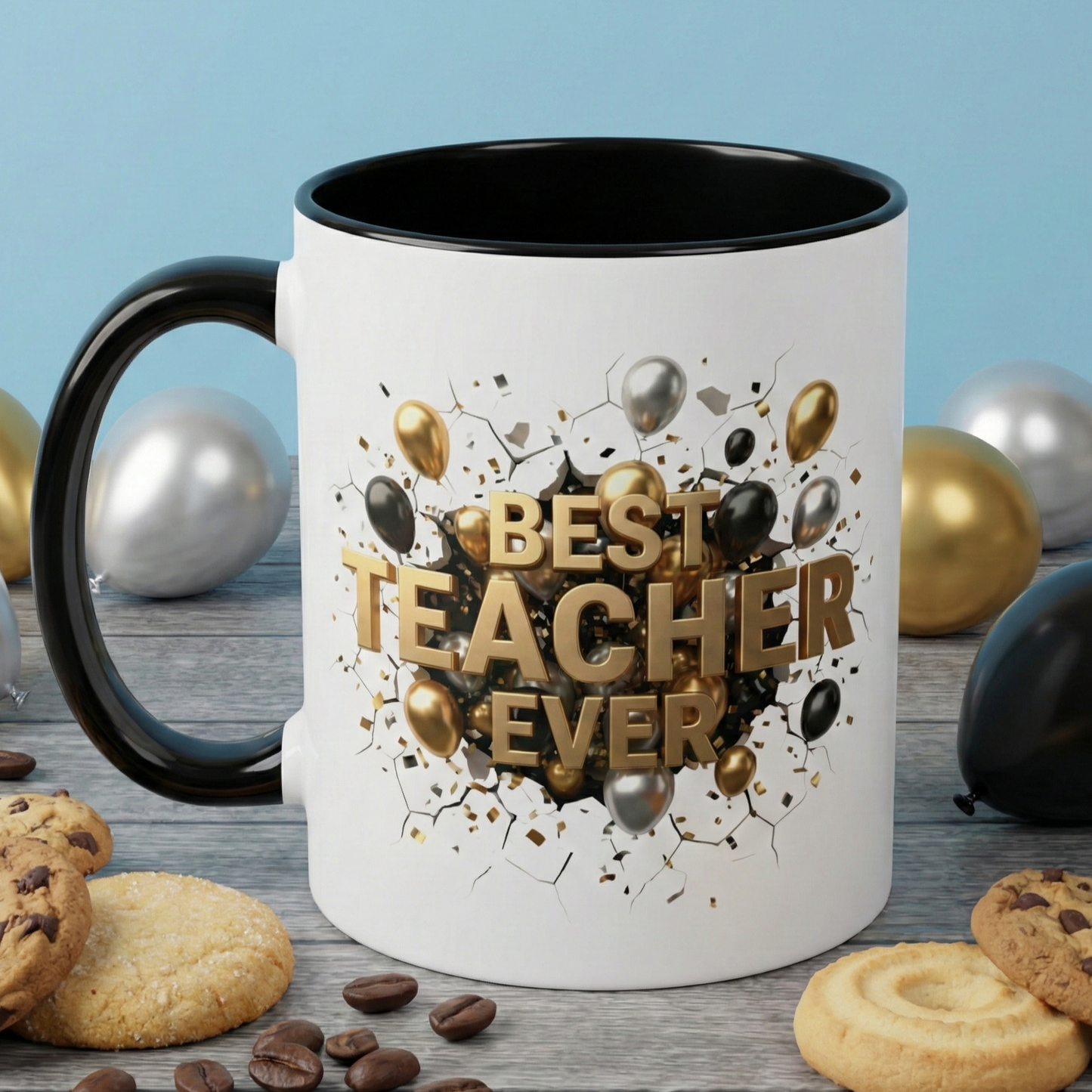 Personalized Teacher Mug, Best Teacher Ever Gift, Custom Educator Coffee Cup, 3D Gold Balloon Design, Teacher Appreciation Present