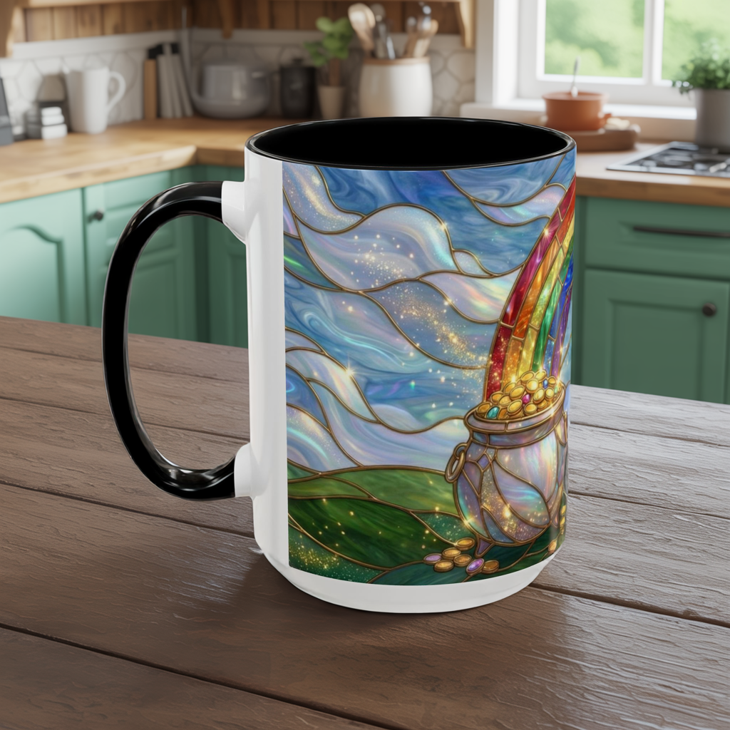 Stained Glass Rainbow Mug, Pot Of Gold Coffee Cup, St Patricks Day Gift, Whimsical Magical Art Mug, Lucky Irish Leprechaun Treasure