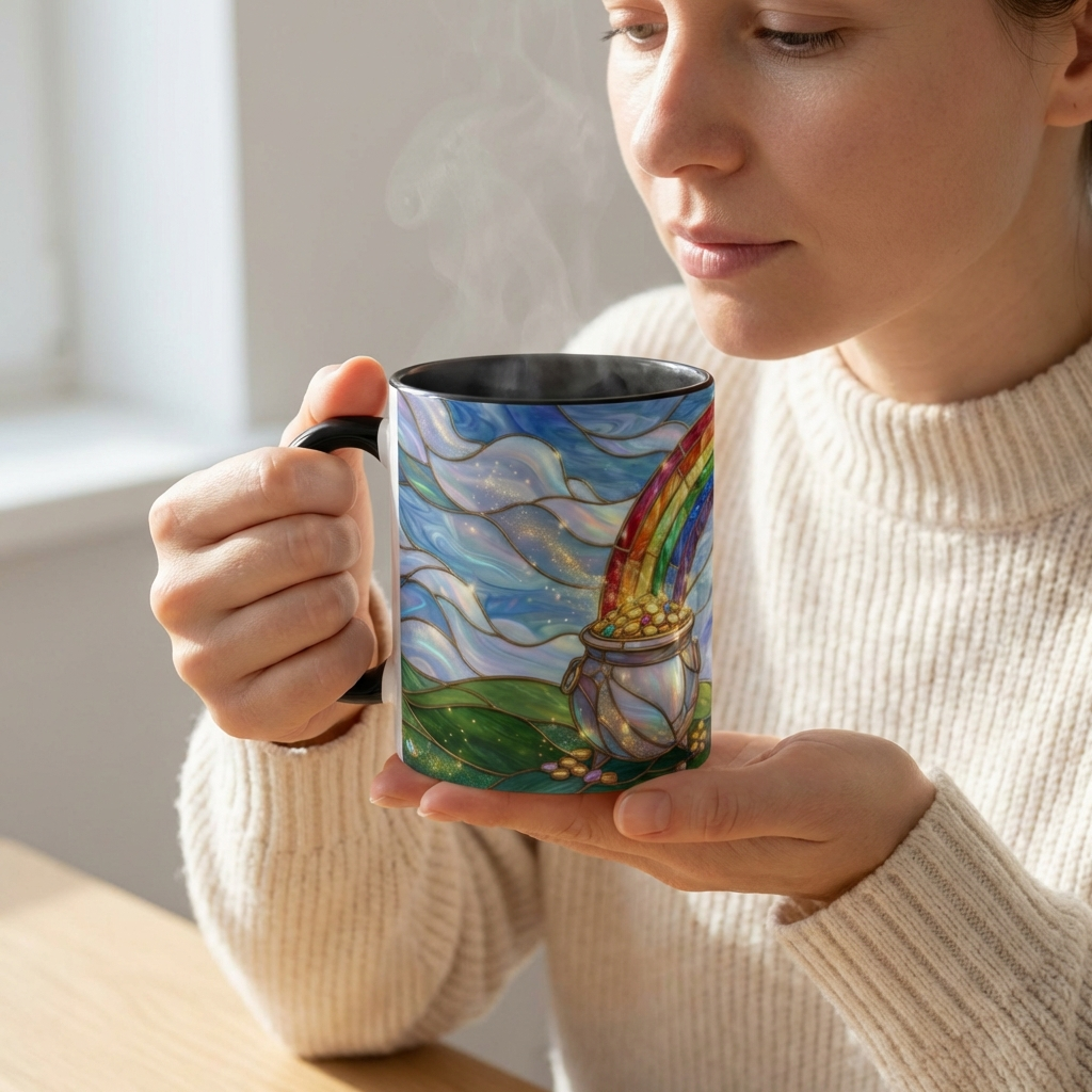 Stained Glass Rainbow Mug, Pot Of Gold Coffee Cup, St Patricks Day Gift, Whimsical Magical Art Mug, Lucky Irish Leprechaun Treasure