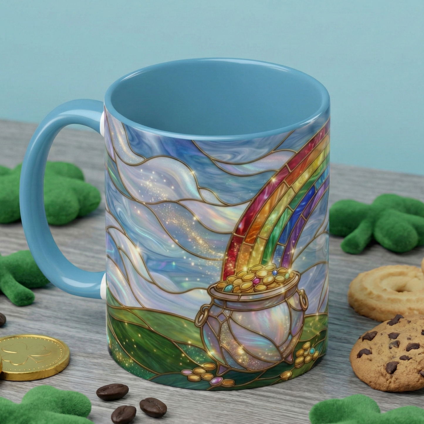 Stained Glass Rainbow Mug, Pot Of Gold Coffee Cup, St Patricks Day Gift, Whimsical Magical Art Mug, Lucky Irish Leprechaun Treasure