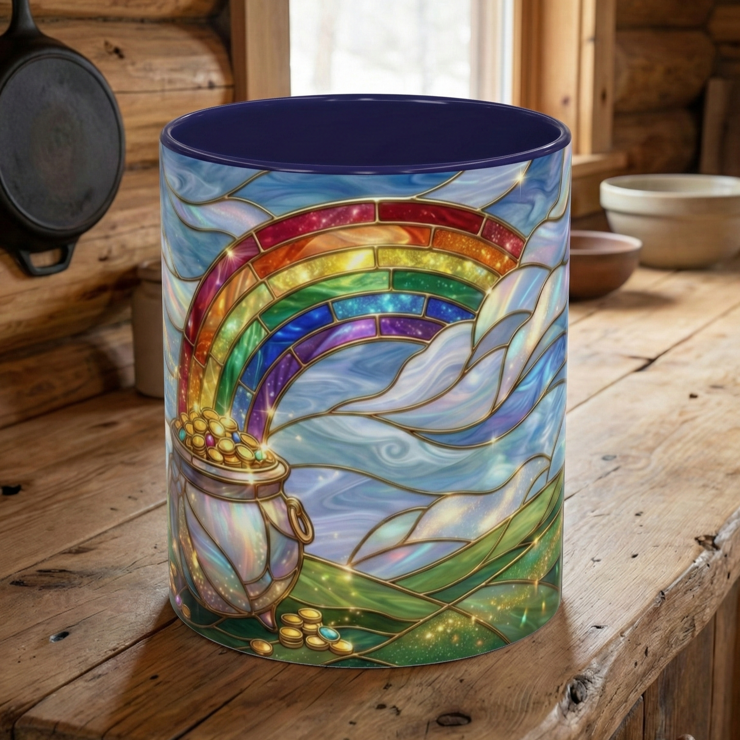 Stained Glass Rainbow Mug, Pot Of Gold Coffee Cup, St Patricks Day Gift, Whimsical Magical Art Mug, Lucky Irish Leprechaun Treasure