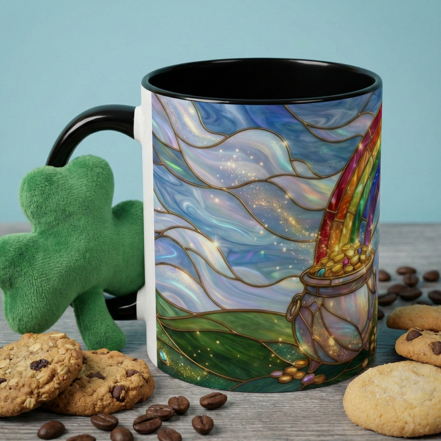 Stained Glass Rainbow Mug, Pot Of Gold Coffee Cup, St Patricks Day Gift, Whimsical Magical Art Mug, Lucky Irish Leprechaun Treasure