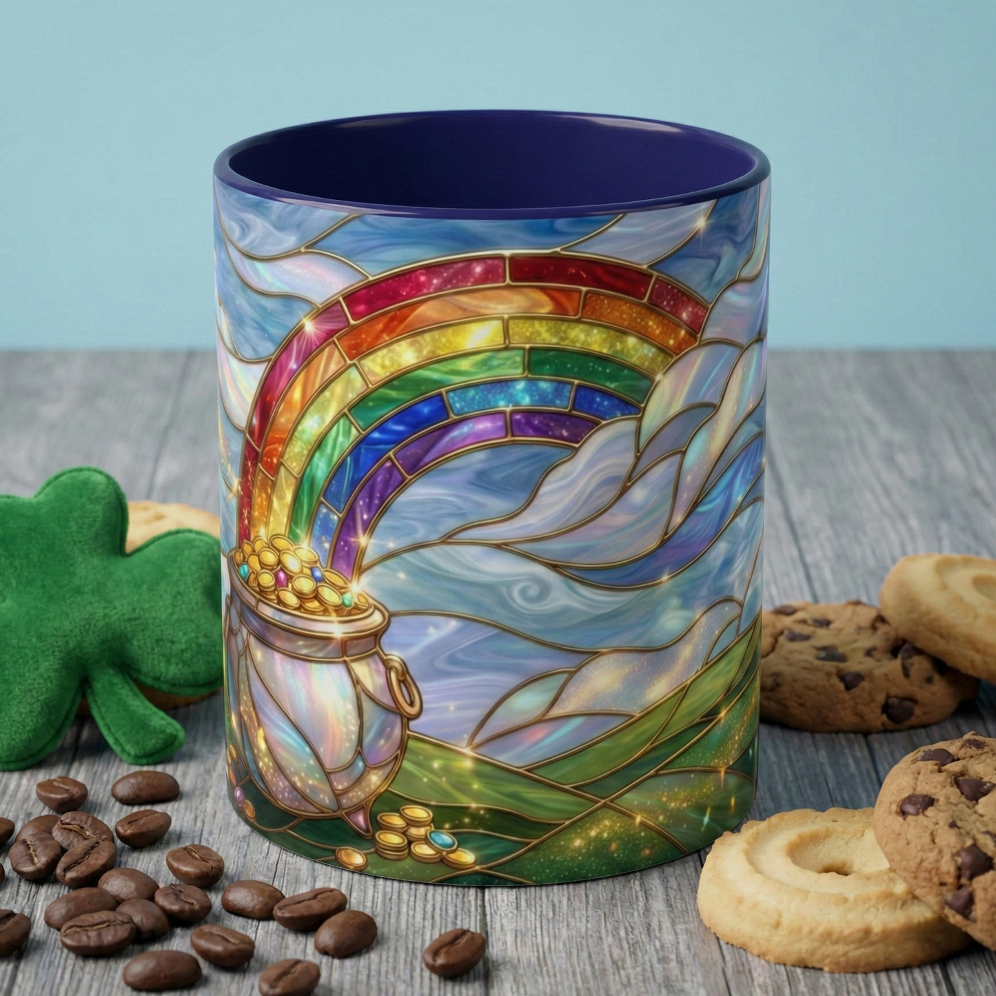 Stained Glass Rainbow Mug, Pot Of Gold Coffee Cup, St Patricks Day Gift, Whimsical Magical Art Mug, Lucky Irish Leprechaun Treasure