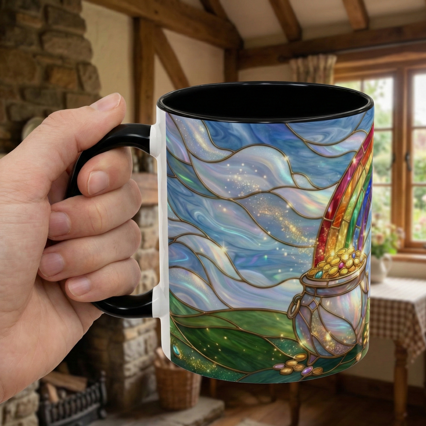Stained Glass Rainbow Mug, Pot Of Gold Coffee Cup, St Patricks Day Gift, Whimsical Magical Art Mug, Lucky Irish Leprechaun Treasure