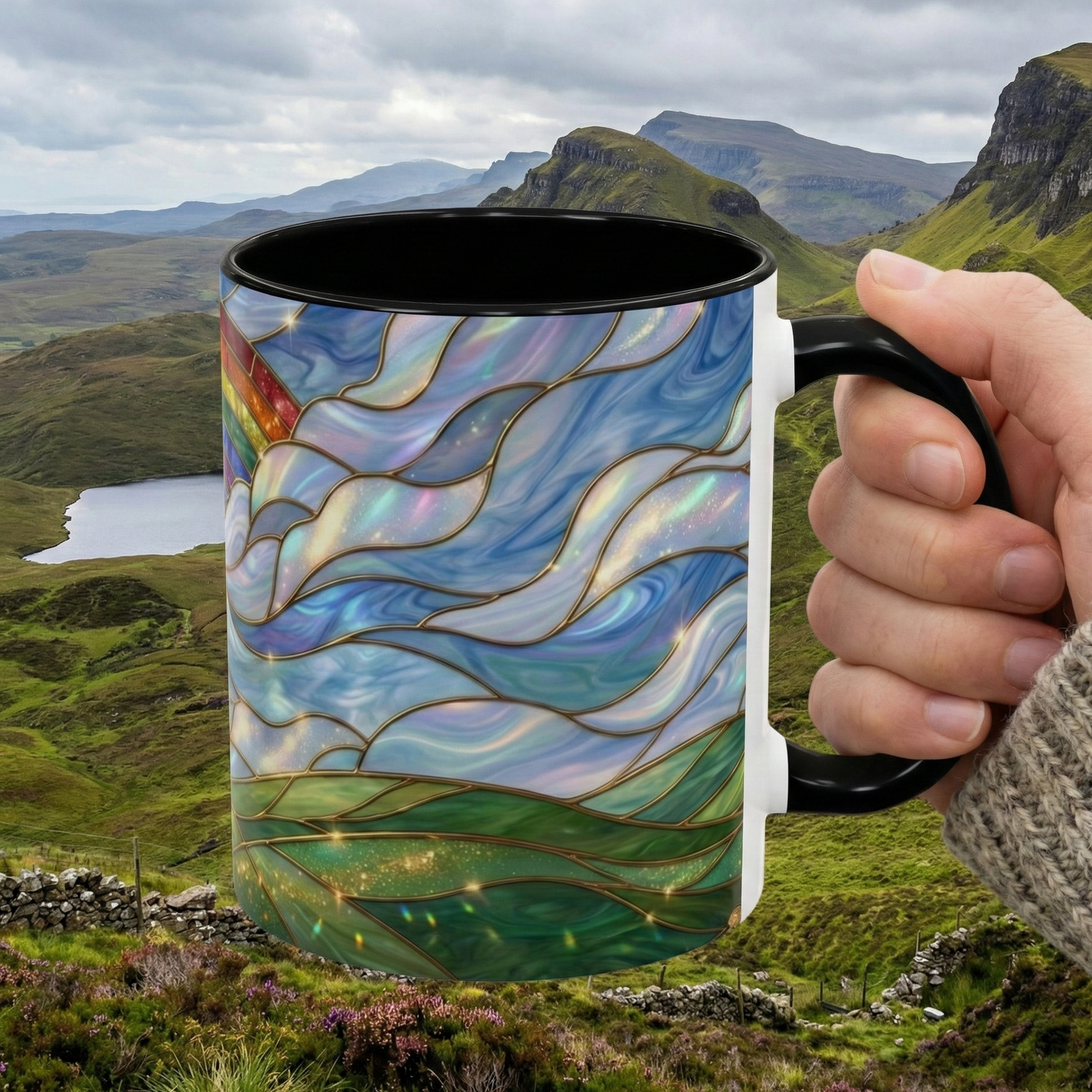Stained Glass Rainbow Mug, Pot Of Gold Coffee Cup, St Patricks Day Gift, Whimsical Magical Art Mug, Lucky Irish Leprechaun Treasure
