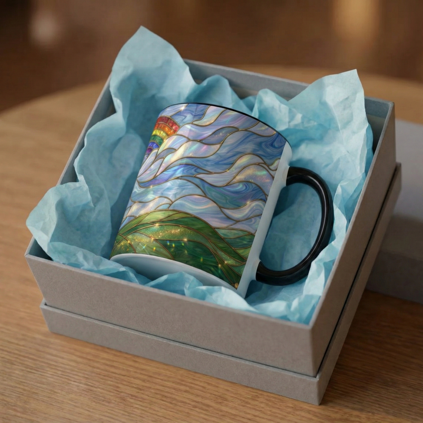 Stained Glass Rainbow Mug, Pot Of Gold Coffee Cup, St Patricks Day Gift, Whimsical Magical Art Mug, Lucky Irish Leprechaun Treasure