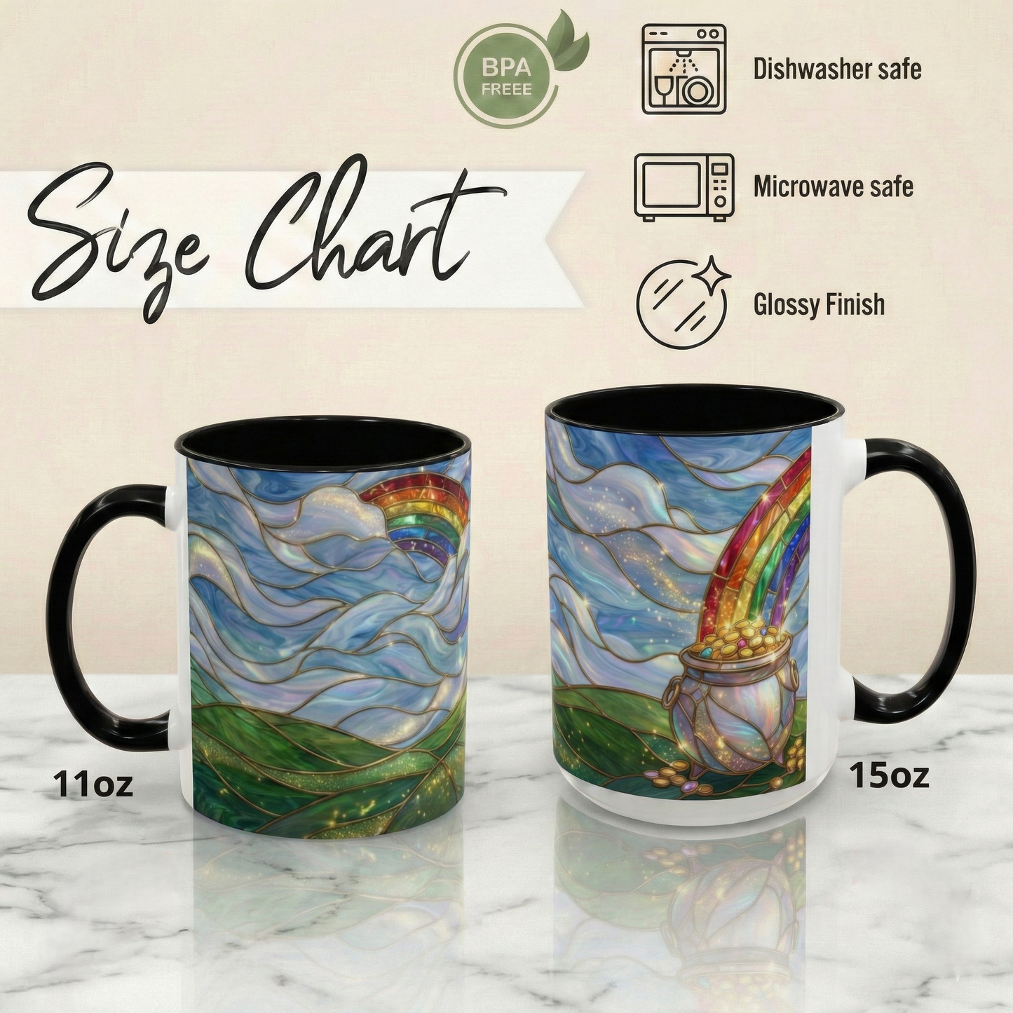 Stained Glass Rainbow Mug, Pot Of Gold Coffee Cup, St Patricks Day Gift, Whimsical Magical Art Mug, Lucky Irish Leprechaun Treasure