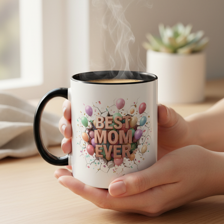 Personalized Mom Mug, Best Mom Ever Gift, Custom Name Coffee Cup, 3D Balloon Design, Mothers Day Gift, New Mom Gift 2025, Custom Mug