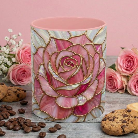 Stained Glass Rose Mug, Pink Floral Coffee Cup, Botanical Tea Mug, Romantic Fairycore Gift, Cottagecore Drinkware, Flower Lover Gift