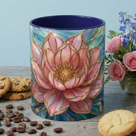 Pink Lotus Flower Mug, Stained Glass Style Coffee Cup, Spiritual Zen Gift For Women, Yoga Lover Tea Mug, Meditation Boho Floral Drinkware