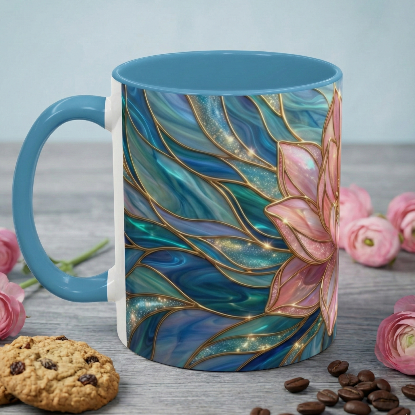 Pink Lotus Flower Mug, Stained Glass Style Coffee Cup, Spiritual Zen Gift For Women, Yoga Lover Tea Mug, Meditation Boho Floral Drinkware