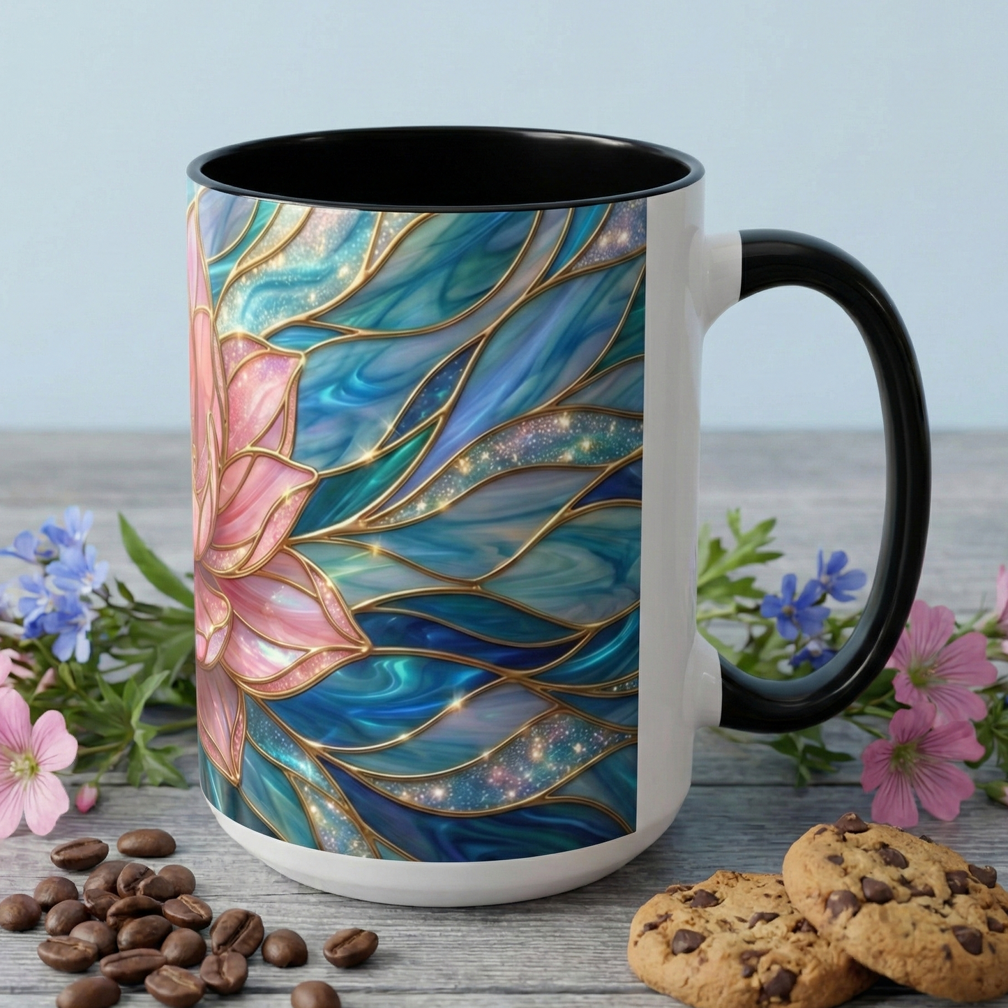 Pink Lotus Flower Mug, Stained Glass Style Coffee Cup, Spiritual Zen Gift For Women, Yoga Lover Tea Mug, Meditation Boho Floral Drinkware