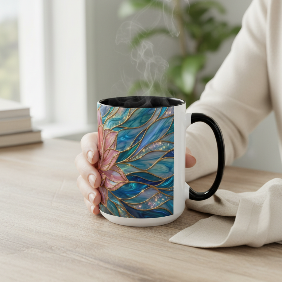 Pink Lotus Flower Mug, Stained Glass Style Coffee Cup, Spiritual Zen Gift For Women, Yoga Lover Tea Mug, Meditation Boho Floral Drinkware