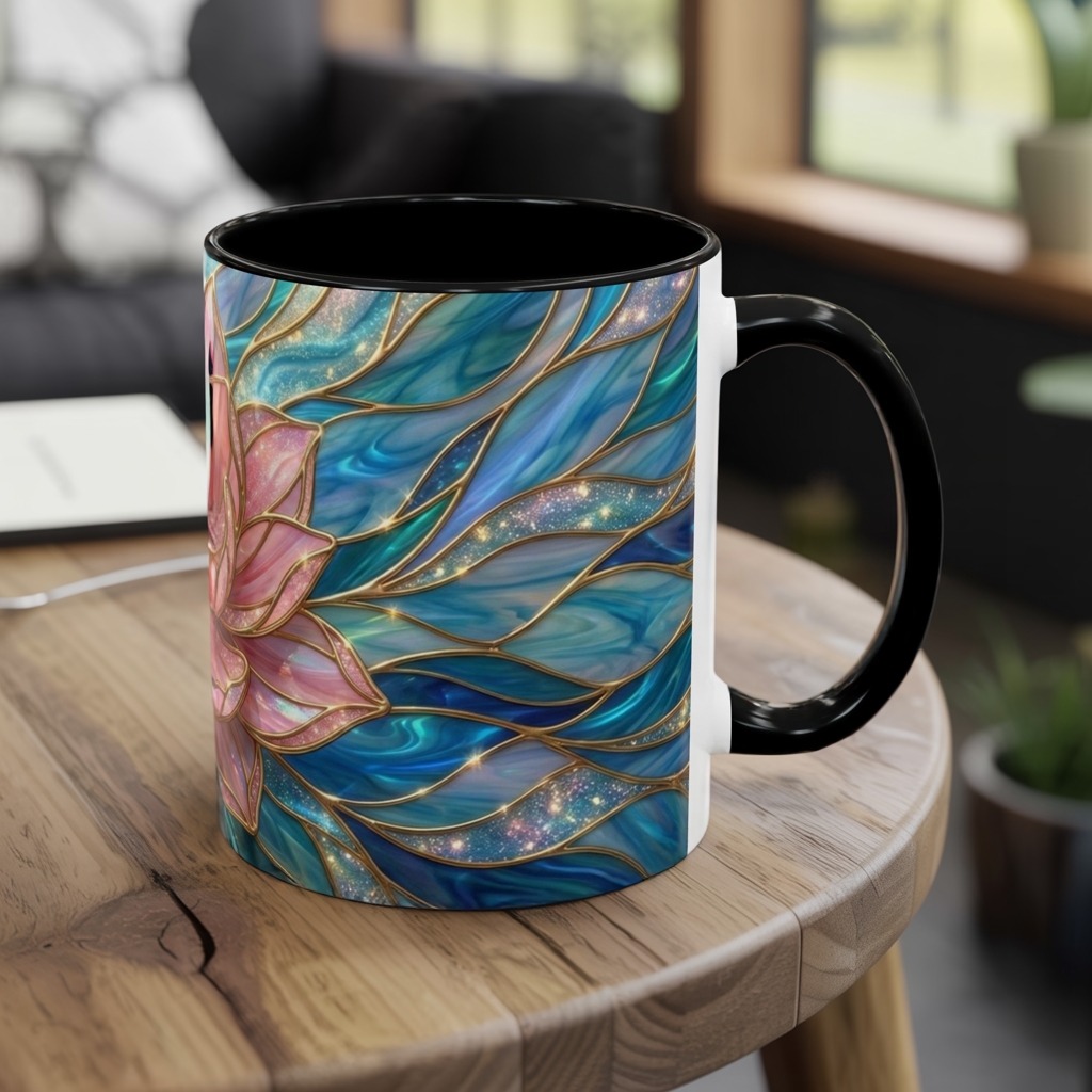 Pink Lotus Flower Mug, Stained Glass Style Coffee Cup, Spiritual Zen Gift For Women, Yoga Lover Tea Mug, Meditation Boho Floral Drinkware