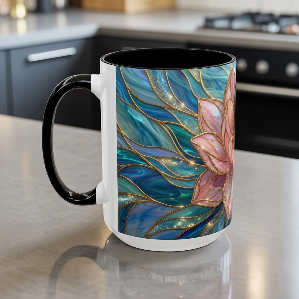 Pink Lotus Flower Mug, Stained Glass Style Coffee Cup, Spiritual Zen Gift For Women, Yoga Lover Tea Mug, Meditation Boho Floral Drinkware
