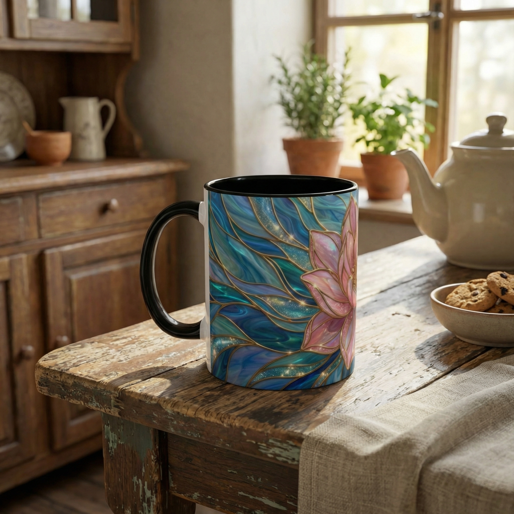 Pink Lotus Flower Mug, Stained Glass Style Coffee Cup, Spiritual Zen Gift For Women, Yoga Lover Tea Mug, Meditation Boho Floral Drinkware