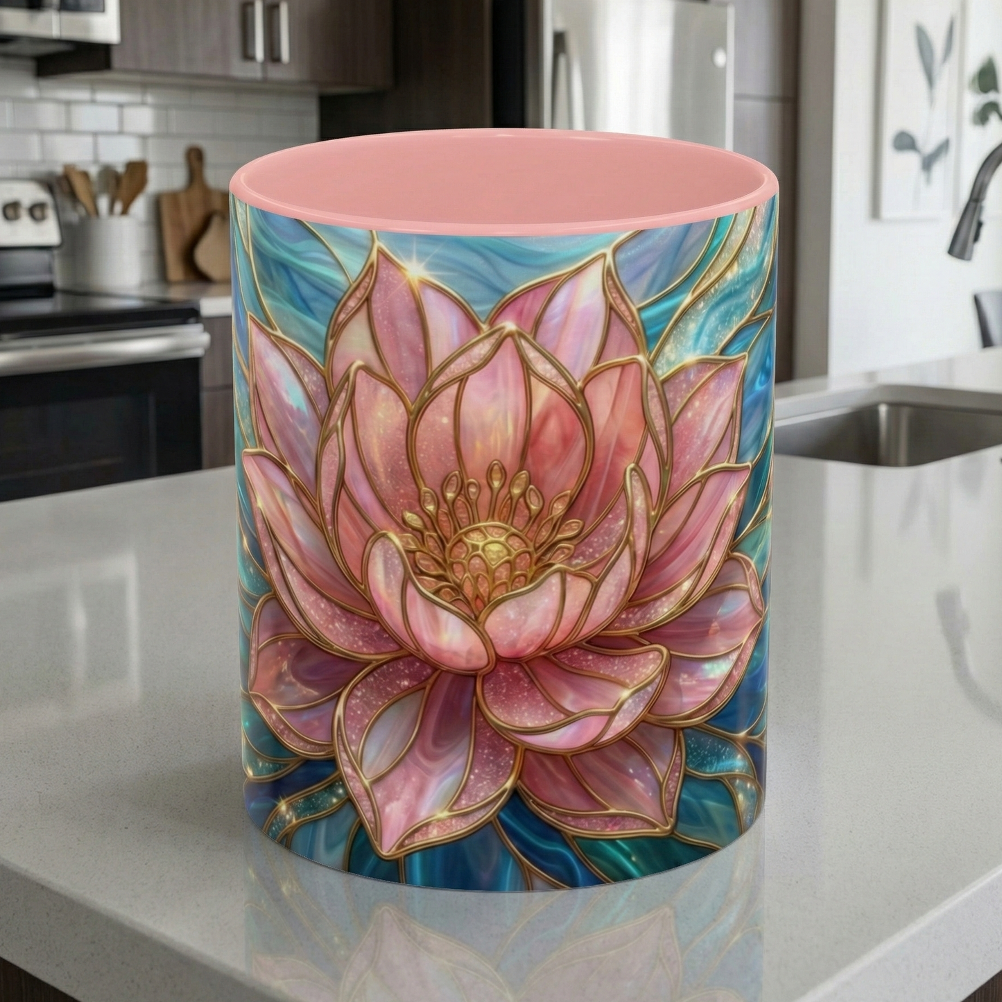 Pink Lotus Flower Mug, Stained Glass Style Coffee Cup, Spiritual Zen Gift For Women, Yoga Lover Tea Mug, Meditation Boho Floral Drinkware