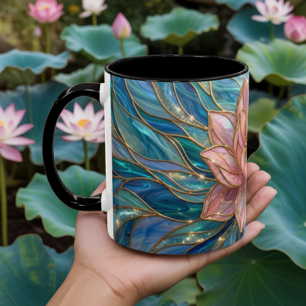 Pink Lotus Flower Mug, Stained Glass Style Coffee Cup, Spiritual Zen Gift For Women, Yoga Lover Tea Mug, Meditation Boho Floral Drinkware