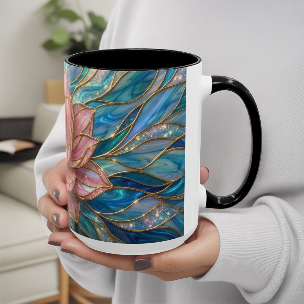 Pink Lotus Flower Mug, Stained Glass Style Coffee Cup, Spiritual Zen Gift For Women, Yoga Lover Tea Mug, Meditation Boho Floral Drinkware
