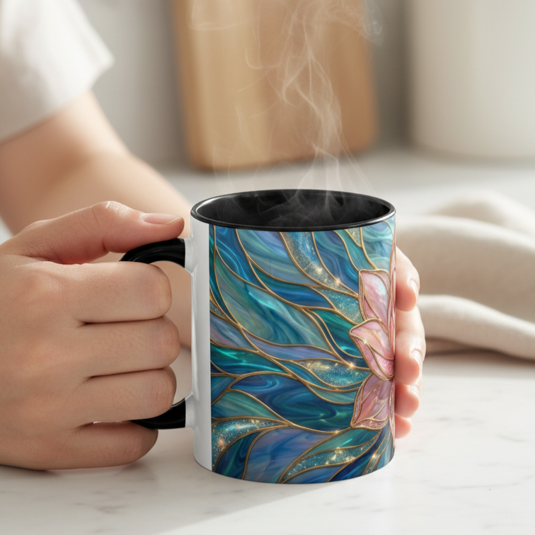 Pink Lotus Flower Mug, Stained Glass Style Coffee Cup, Spiritual Zen Gift For Women, Yoga Lover Tea Mug, Meditation Boho Floral Drinkware