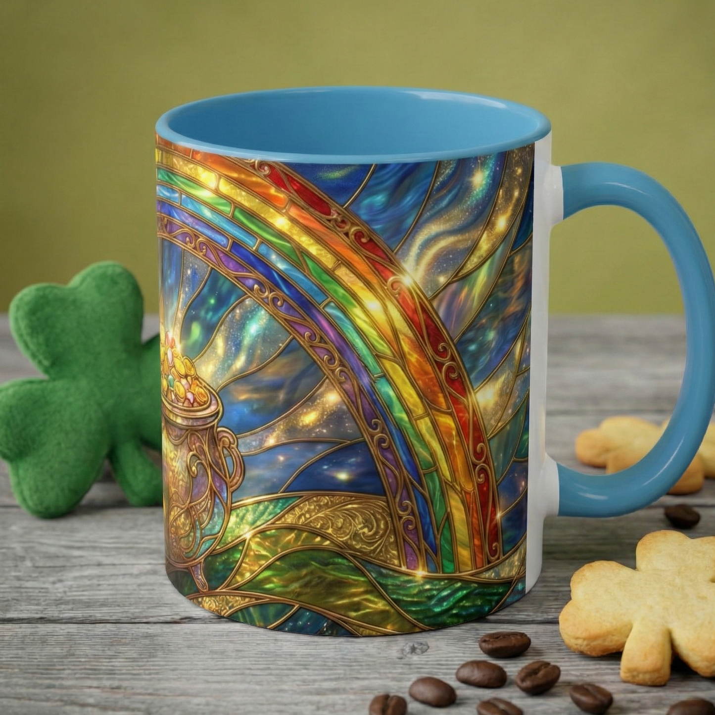 Stained Glass Pot of Gold Mug, Rainbow Coffee Cup, St Patricks Day Gift, Magical Fantasy Tea Mug, Celestial Drinkware, Lucky Irish Gift