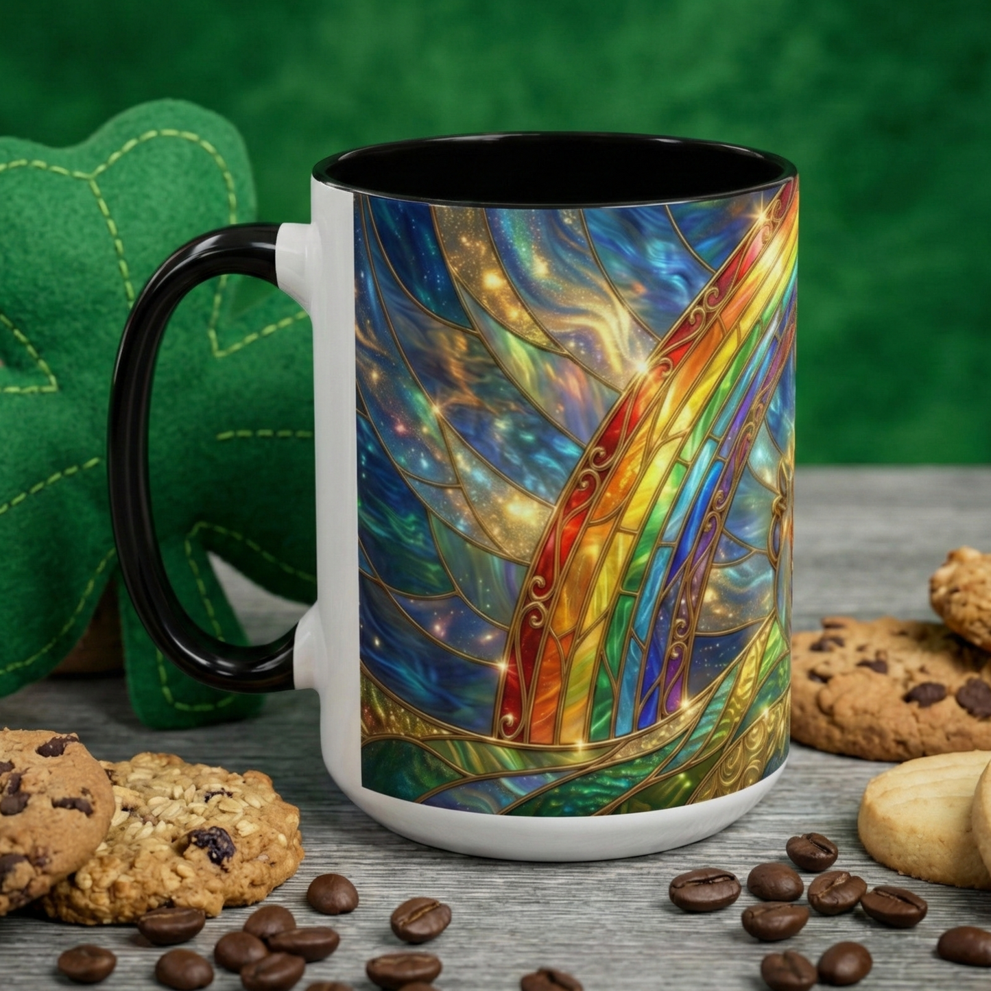 Stained Glass Pot of Gold Mug, Rainbow Coffee Cup, St Patricks Day Gift, Magical Fantasy Tea Mug, Celestial Drinkware, Lucky Irish Gift