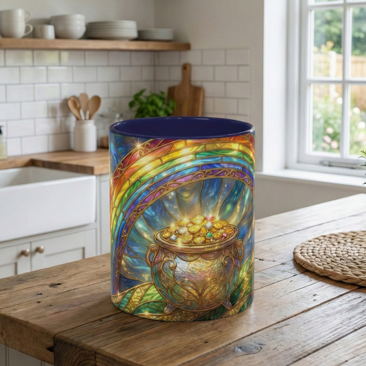 Stained Glass Pot of Gold Mug, Rainbow Coffee Cup, St Patricks Day Gift, Magical Fantasy Tea Mug, Celestial Drinkware, Lucky Irish Gift