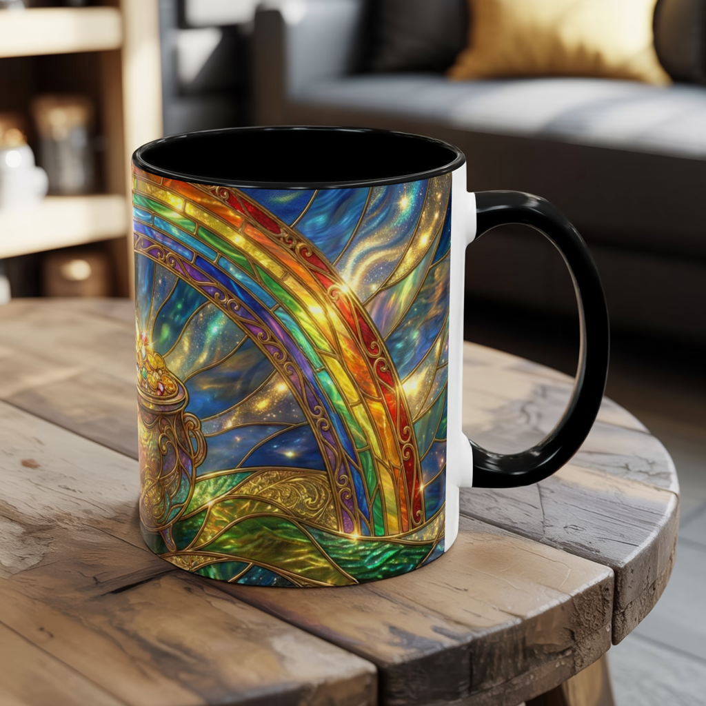 Stained Glass Pot of Gold Mug, Rainbow Coffee Cup, St Patricks Day Gift, Magical Fantasy Tea Mug, Celestial Drinkware, Lucky Irish Gift