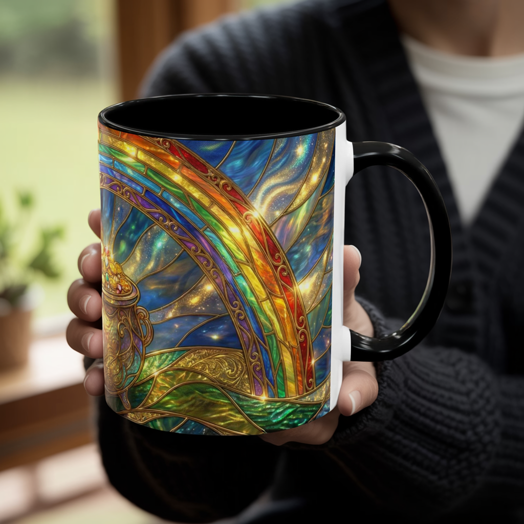 Stained Glass Pot of Gold Mug, Rainbow Coffee Cup, St Patricks Day Gift, Magical Fantasy Tea Mug, Celestial Drinkware, Lucky Irish Gift