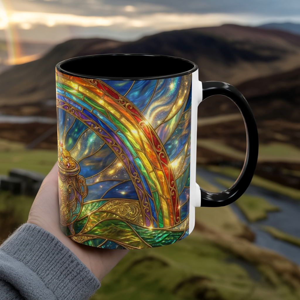 Stained Glass Pot of Gold Mug, Rainbow Coffee Cup, St Patricks Day Gift, Magical Fantasy Tea Mug, Celestial Drinkware, Lucky Irish Gift