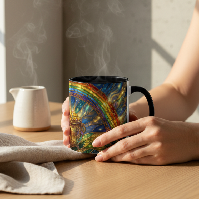 Stained Glass Pot of Gold Mug, Rainbow Coffee Cup, St Patricks Day Gift, Magical Fantasy Tea Mug, Celestial Drinkware, Lucky Irish Gift