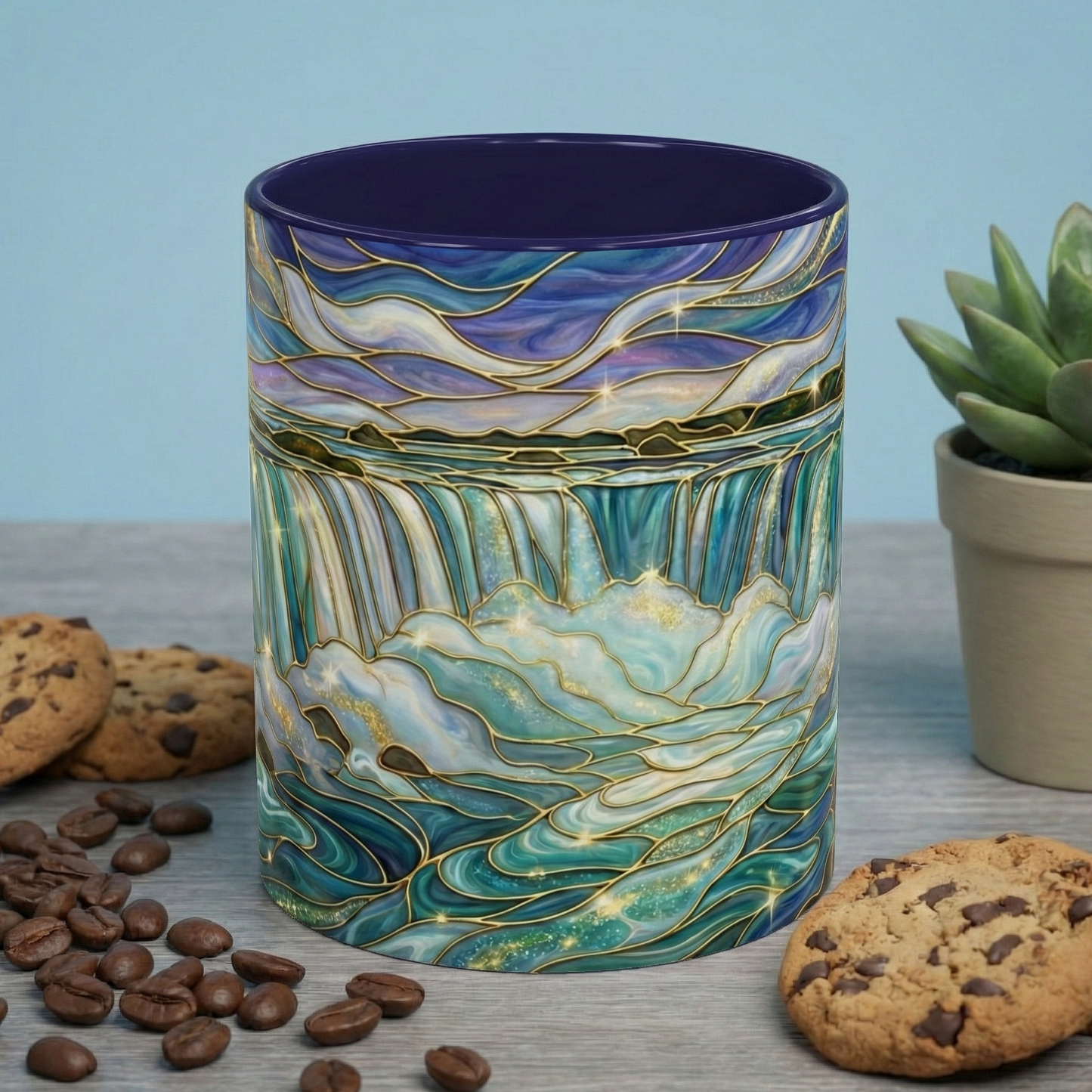 Faux Stained Glass Niagara Falls Mug, Waterfall Coffee Cup, Canada Souvenir Gift, Upstate New York Travel Memento, Nature Lover Tea Cup