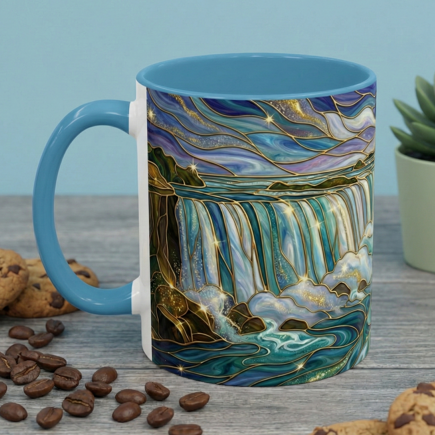 Faux Stained Glass Niagara Falls Mug, Waterfall Coffee Cup, Canada Souvenir Gift, Upstate New York Travel Memento, Nature Lover Tea Cup