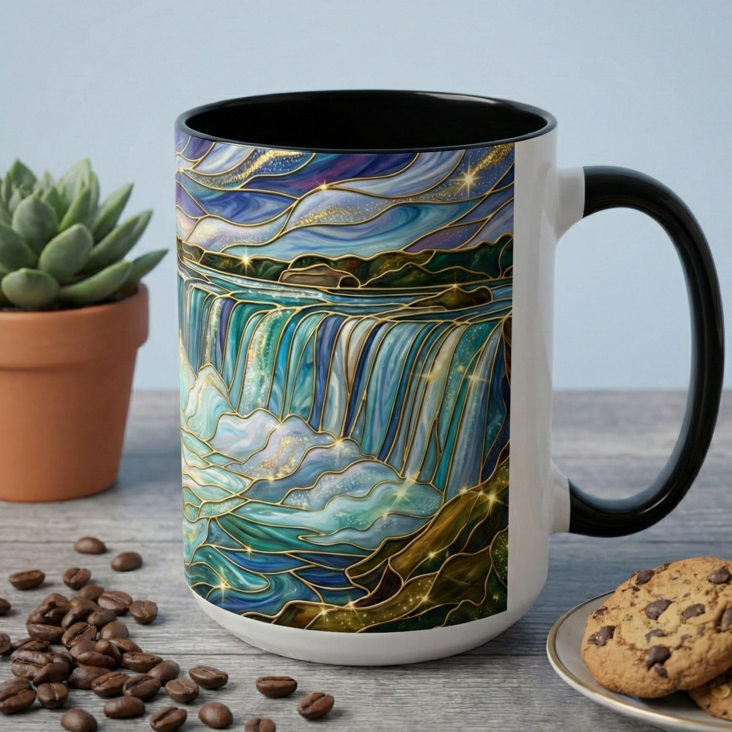 Faux Stained Glass Niagara Falls Mug, Waterfall Coffee Cup, Canada Souvenir Gift, Upstate New York Travel Memento, Nature Lover Tea Cup