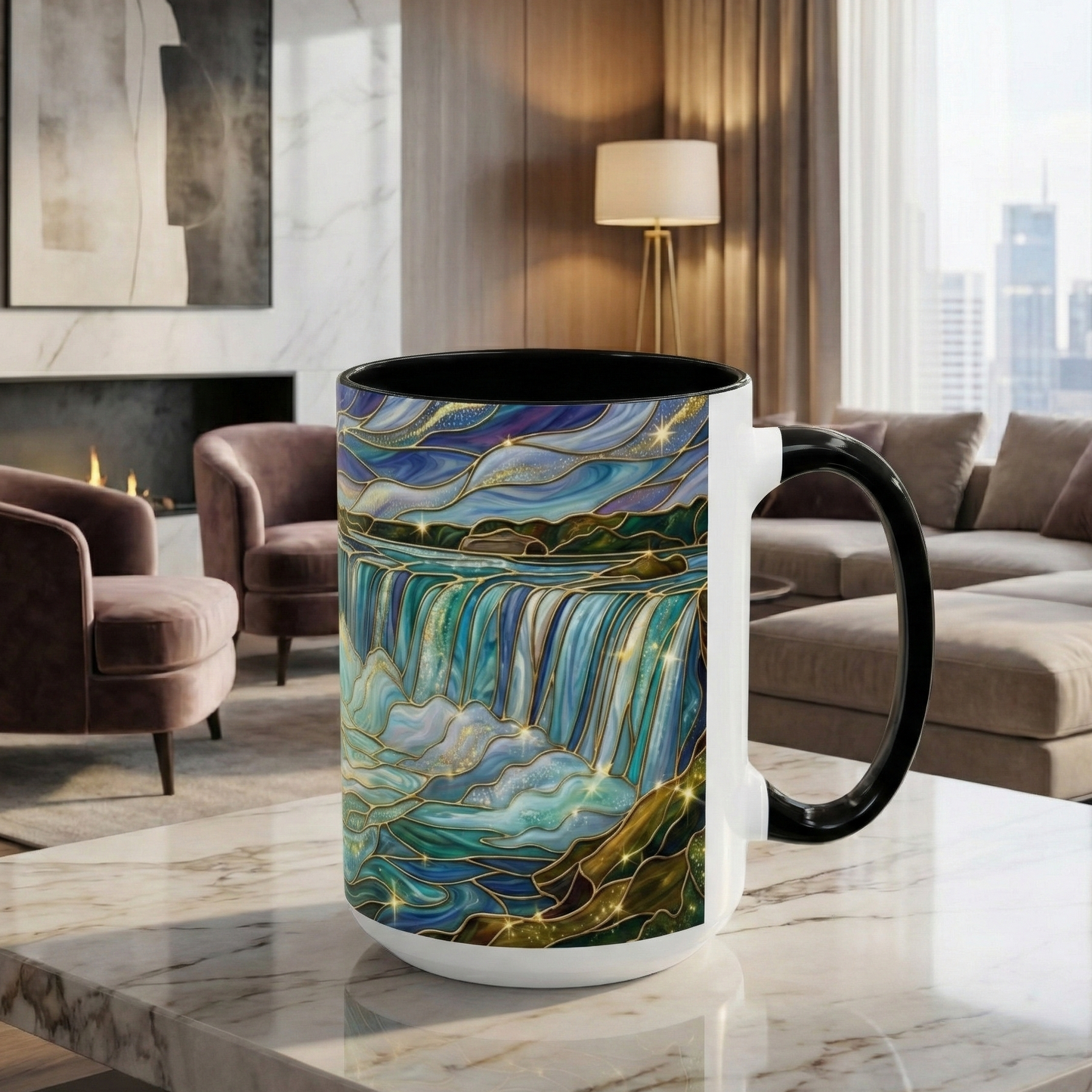 Faux Stained Glass Niagara Falls Mug, Waterfall Coffee Cup, Canada Souvenir Gift, Upstate New York Travel Memento, Nature Lover Tea Cup