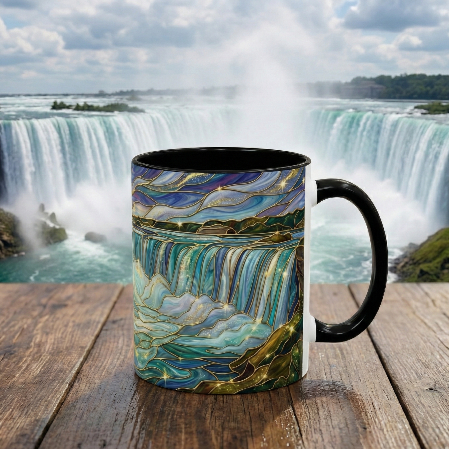 Faux Stained Glass Niagara Falls Mug, Waterfall Coffee Cup, Canada Souvenir Gift, Upstate New York Travel Memento, Nature Lover Tea Cup