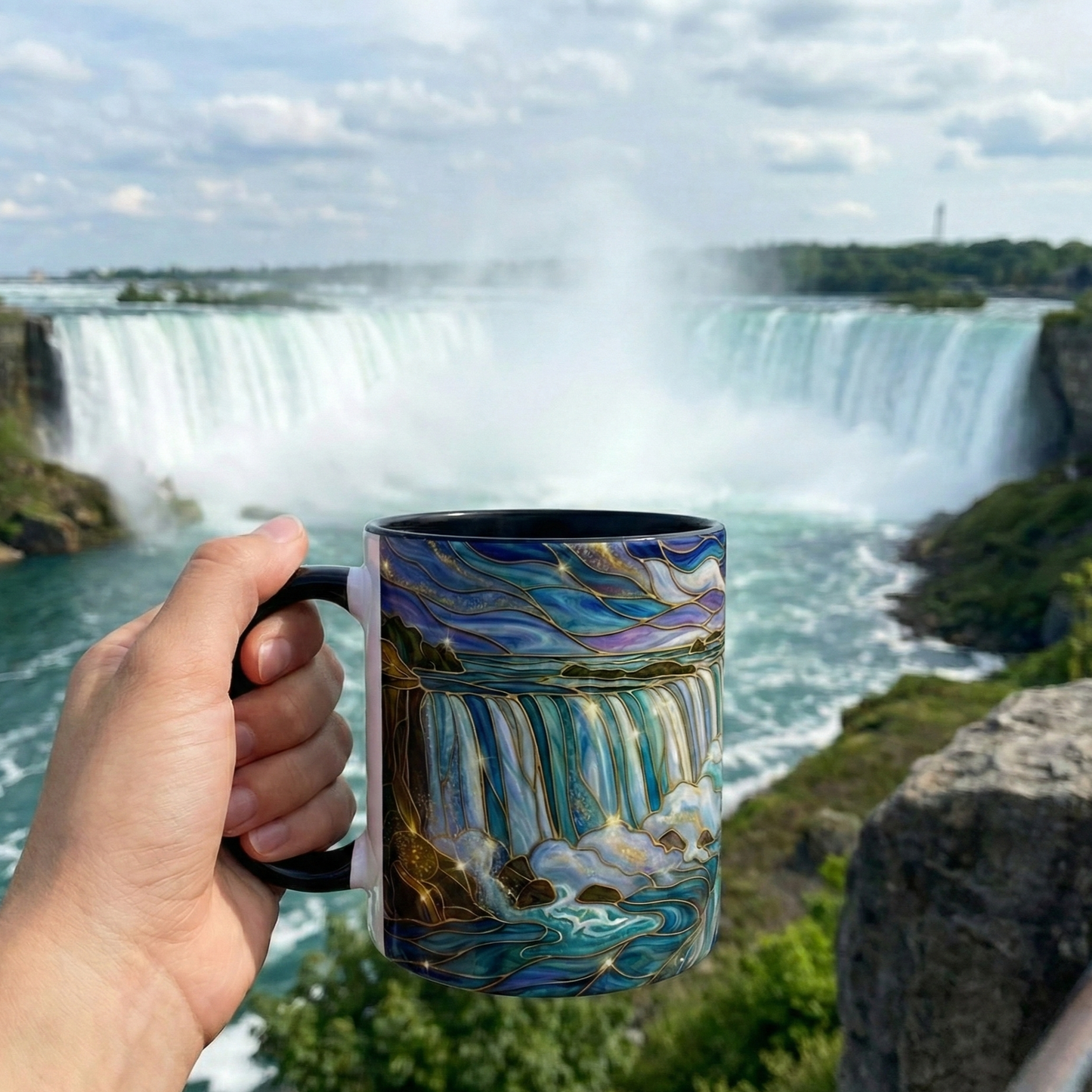 Faux Stained Glass Niagara Falls Mug, Waterfall Coffee Cup, Canada Souvenir Gift, Upstate New York Travel Memento, Nature Lover Tea Cup