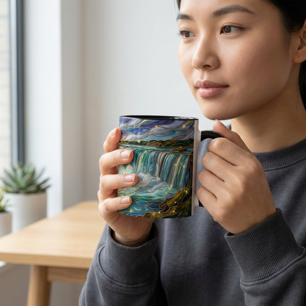 Faux Stained Glass Niagara Falls Mug, Waterfall Coffee Cup, Canada Souvenir Gift, Upstate New York Travel Memento, Nature Lover Tea Cup