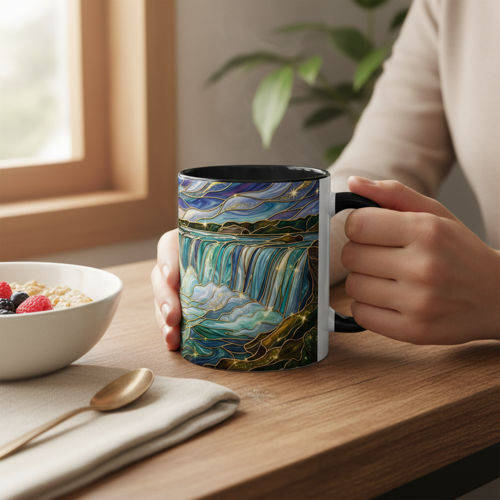 Faux Stained Glass Niagara Falls Mug, Waterfall Coffee Cup, Canada Souvenir Gift, Upstate New York Travel Memento, Nature Lover Tea Cup
