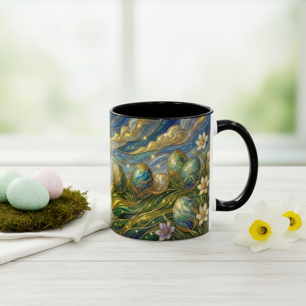 Stained Glass Easter Egg Mug, Magical Spring Floral Coffee Cup, Art Nouveau Fantasy Teacup, Elegant Celestial Starry Sky Mug Gift Idea