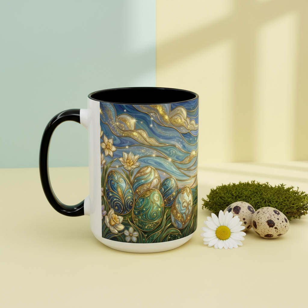 Stained Glass Easter Egg Mug, Magical Spring Floral Coffee Cup, Art Nouveau Fantasy Teacup, Elegant Celestial Starry Sky Mug Gift Idea